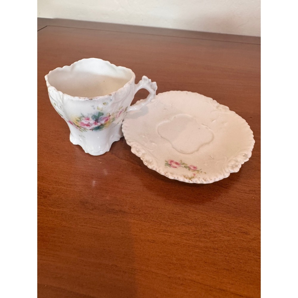Antique Floral Porcelain Teacup and Saucer Set Pink Rose Scalloped Gold Trim